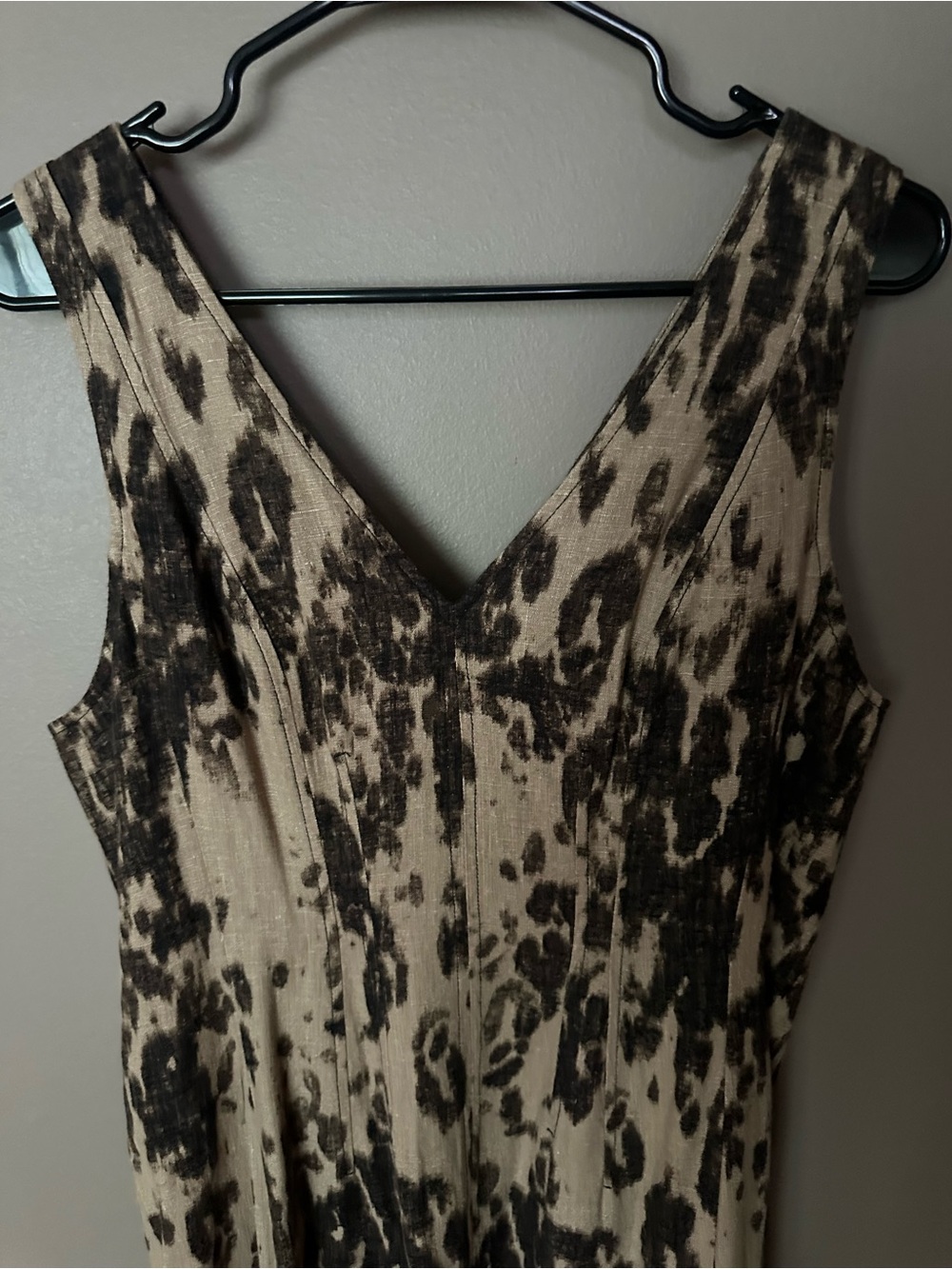 Sleeveless V-Neck Animal Print Dress in Beige and Brown